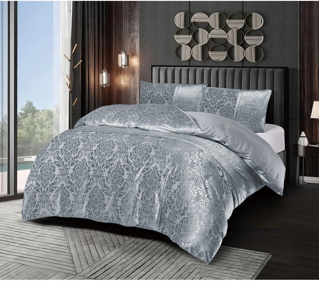 icon bedding Damask Jacquard Duvet Cover 3 Piece Velvet Bedding Set With Matching Pillowcases Silver King Duvet Cover + 2 Standard Pillowcases