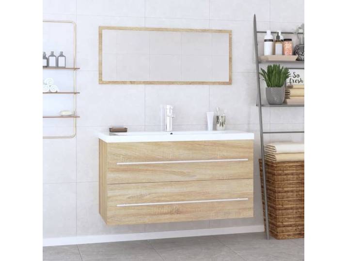 Automne/hiver  Brun Ensemble de meubles de salle de bain 3 pcs Chêne sonoma - Hauteur：48cm Nove1498571