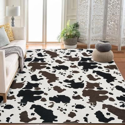 Garvee Cow Print Area Rug Bohemian Cowhide Pattern Natural Jute Round Rug for Living Room Bedroom