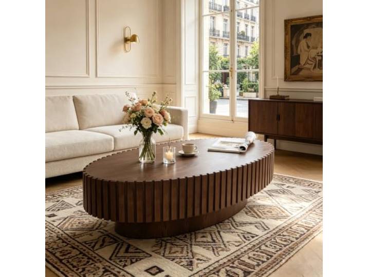 YPDOPORA 43,31 Zoll Ovaler Couchtisch aus Holz im Trommel-Stil,Oval Walnuss Moderner, Ovaler Couchtisch Aus Holz Mit Geriffelter OberfläChe Mit Stabilem Standfuß FüR Wohnzimmer Und Wohnung