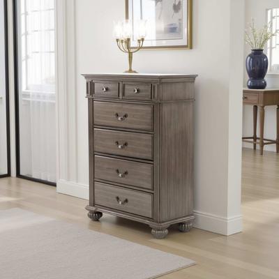 Benjara Recus Tall Dresser Chest, 6 Drawers w Brass Handles, Gray Solid Wood