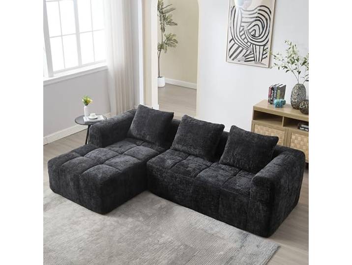 Ball & Cast Boneless Couch, L Couch mit Schlaffunktion, Chenille Modulares Sofa mit Seitentaschen, Montagefrei, Schwarz, 3 Sitze