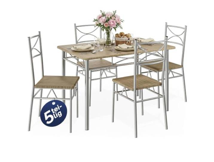 CASARIA Essgruppe mit 4 Stühlen, Eiche 5-tlg. Set, 110x70cm, Metall, Holz, Industrial, Modern, Esstisch mit 4 Stühlen, Sitzgruppe, Tisch, Stühle, Esszimmer, Küche