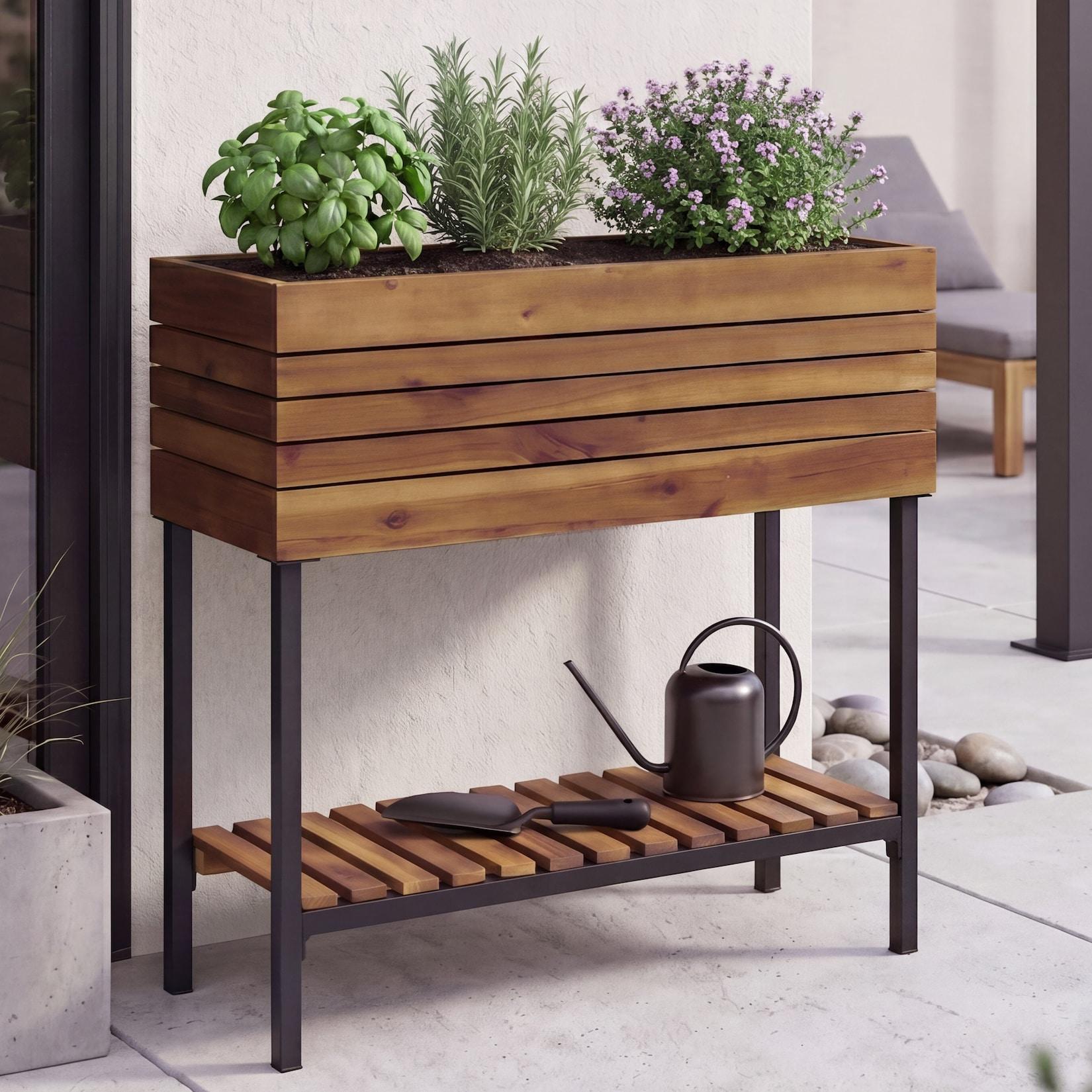 Hochbeet MCW-P84, Pflanzbeet Blumen-/Pflanzkasten Pflanzkübel, Ablage Outdoor Akazie Holz MVG 79x80x31cm ~ braun