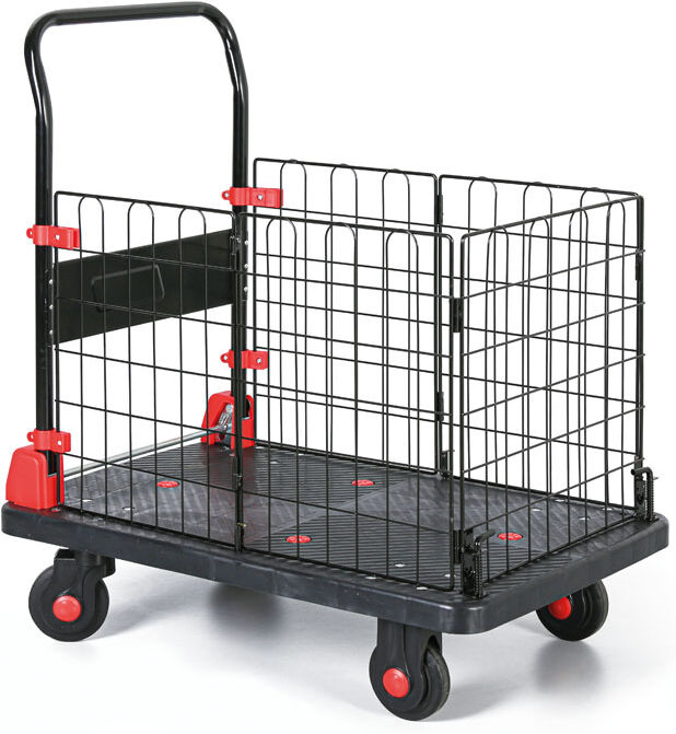 B2B Partner Plattformwagen mit klappbarem Griff, 3 Drahtfüllungen, 300 kg, Kunststoffradhalter