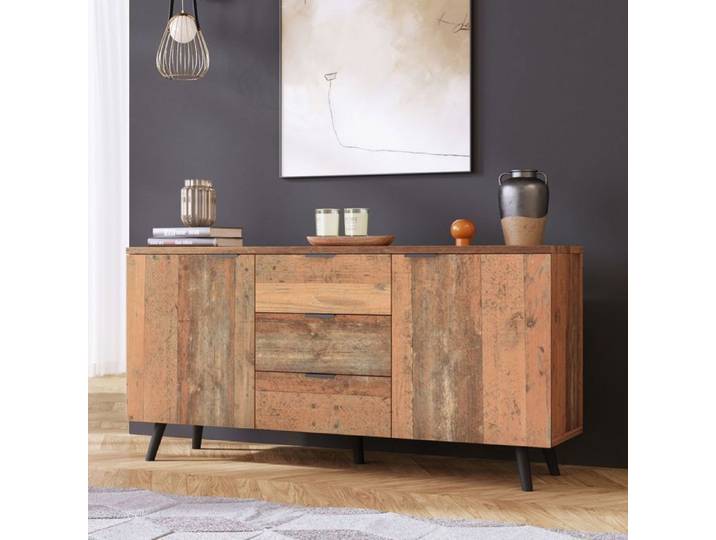 Buffet bas - SOGEU - Buffet 140x35x70 cm Bois Vintage Marron Rétro - 3 tiroirs & 2 portes - Étagères réglables - Effet bois vieilli