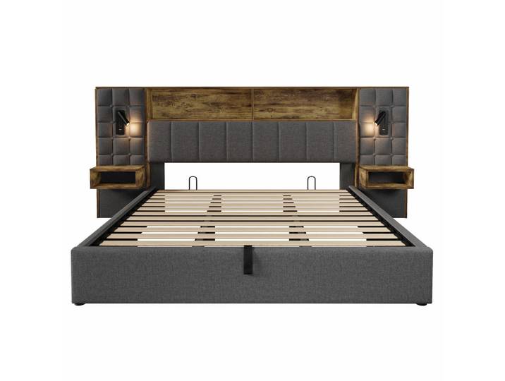 Oxeza Polsterbett 180/200 cm Grau mit Led, 2 Leselampen und 2 integrierte Nachttische, Mode, Rechteckig, 180x200 cm, Schlafzimmer, Betten, Polsterbetten