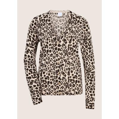 Strickjacke MADELEINE "Strickjacke Kaschmirjacke mit Leo-Druck", Damen, Gr. 44/46, perlweiß, multicolor, Modern, regular fit, Strickjacken Strickjacke