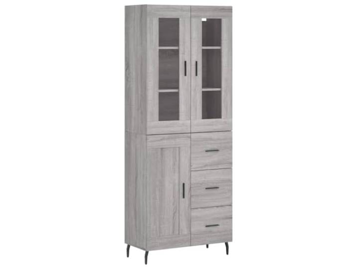 Kaorsrow Highboard Grau Sonoma 69,5x34x180 cm Holzwerkstoff Schrank Moderner Mehrzweckschrank fürs Wohnzimmer mit stabilen Metallfüßen, Glastür und reichlich Stauraum für Utensilien.
