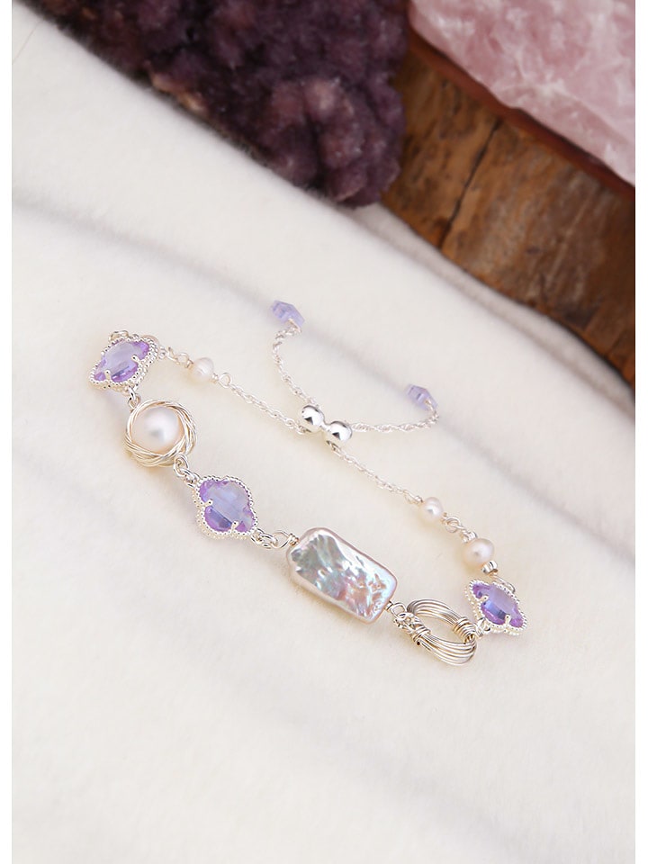 L'Atelier de Gaia Versilbert. Armband mit Perlen und Edelsteinen - onesize