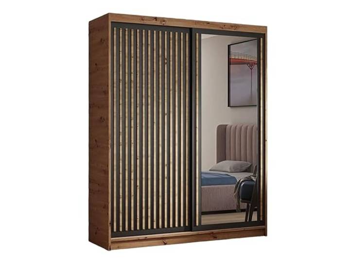 MRGROUP Kleiderschrank Dart mit Lamellen und Spiegel inklusive 2 Schiebetüren Schwebetürenschrank ((Artisan, schwarz, Lamelle Artisan), 160 cm)