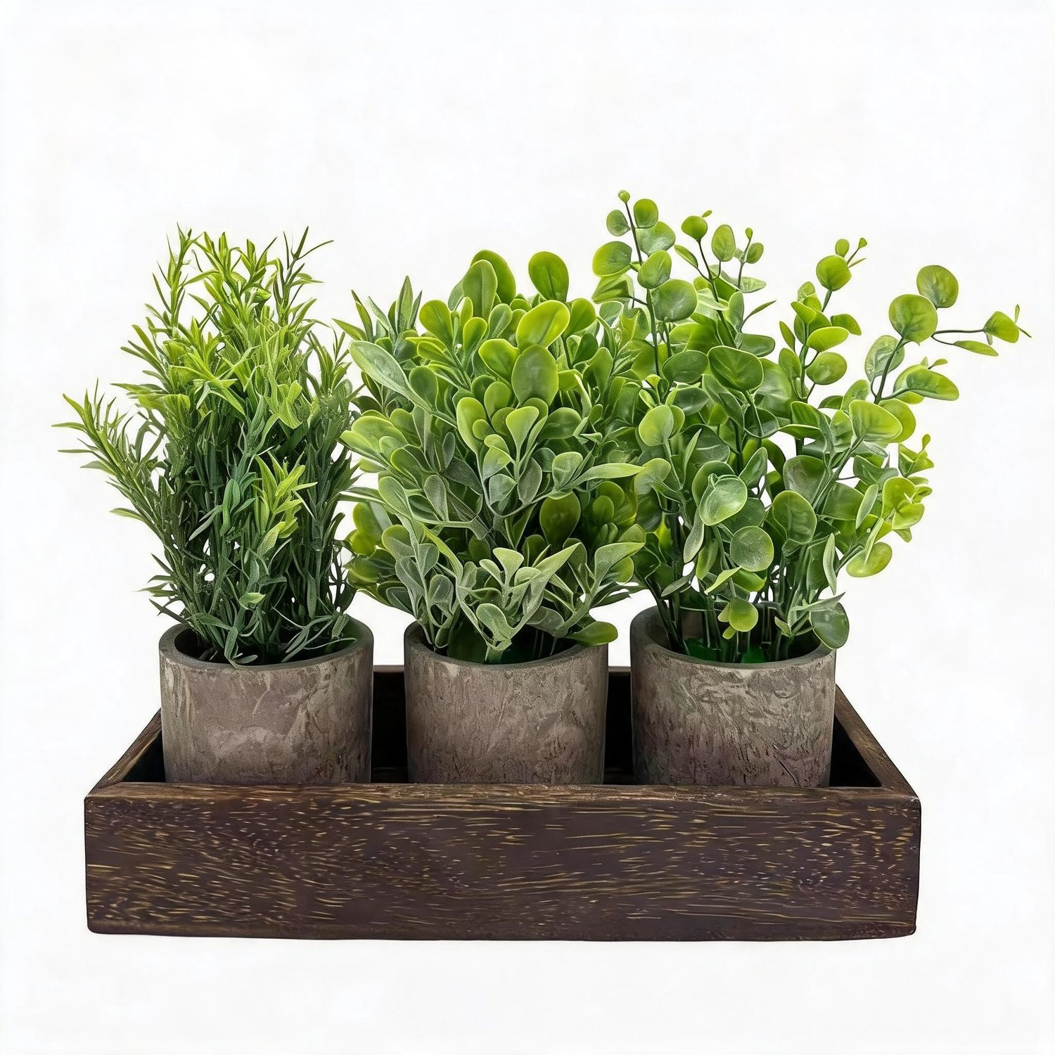 Set van 3 Kunstplanten met Eucalyptus en Rozemarijn inclusief Houten Dienblad