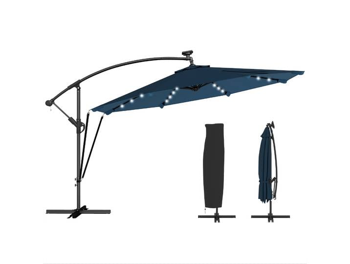 Parasol excentrique en aluminium Outsunny avec lumières LED, base croisée Ø345 cm, bleu