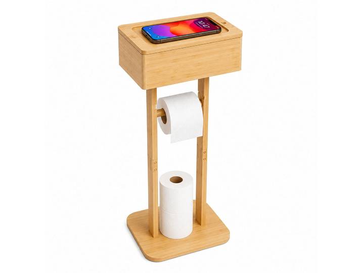 Relaxdays Toilettenpapierhalter Natur Bambus freistehend mit Box, Hellbraun, Holz, 25x64.5x20 cm, Badezimmer, WC Ausstattung, WC-Rollenhalter