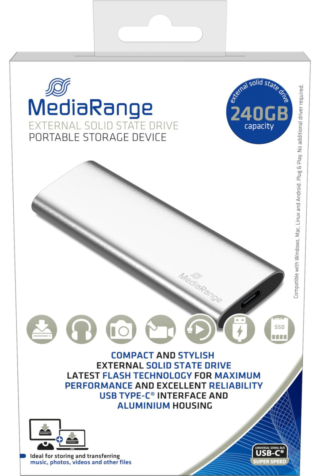MediaRange MR1101 externe USB Type-C SSD-schijf - 240 GB, zilver