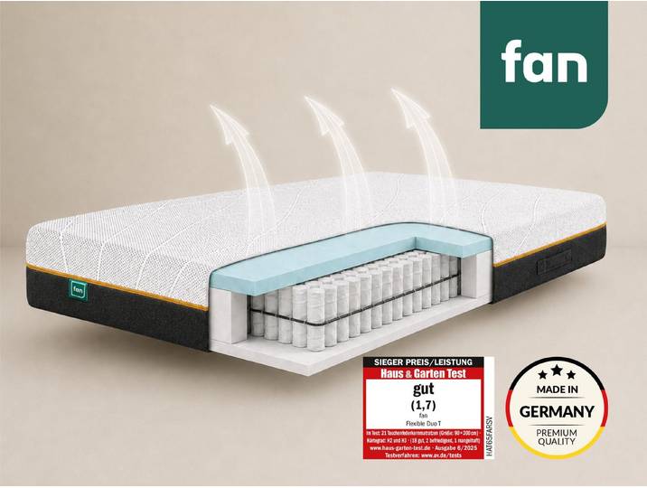 Taschenfederkernmatratze fan Flexible Duo T, Matratze 90x200 cm, 140x200 cm & mehr, in H2/H3, fan, 22 cm hoch, Wendematratze mit Pure Fresh-Bezug, 1034 Federn (bei 100x 200 cm)