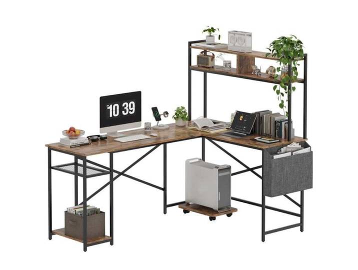 Bureau d'Angle L Bois Vintage 170cm Support Double Écran Support Tour PC Roulettes Poche Tissu Rangement Gaming/Télétravail