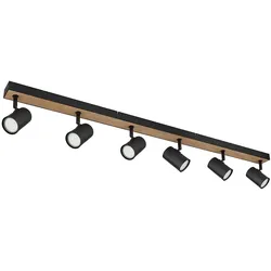 Deckenleuchte Deckenstrahler schwarz Spot Spotleiste 6 flammig, MDF Holzoptik skandinavisch, 6x GU10 Fassungen, LxBxH 115x6x13,5cm