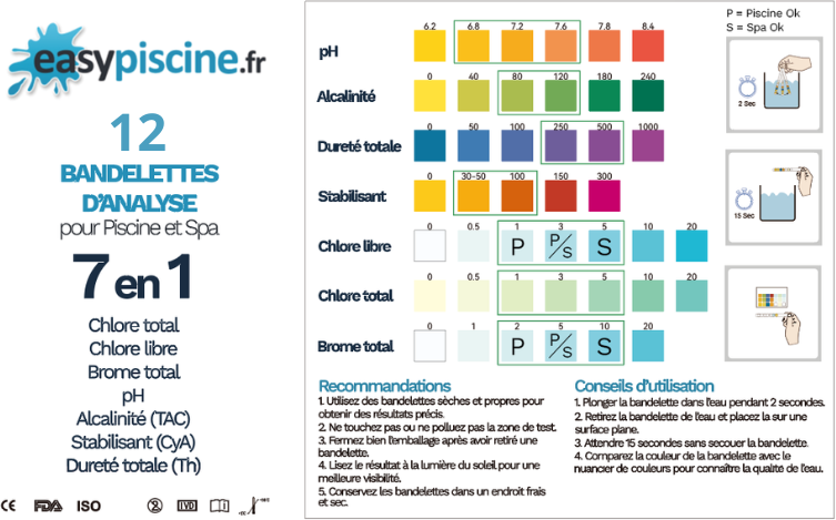 12 bandelettes d'analyse easyPiscine 7 en 1 pour piscine et spa