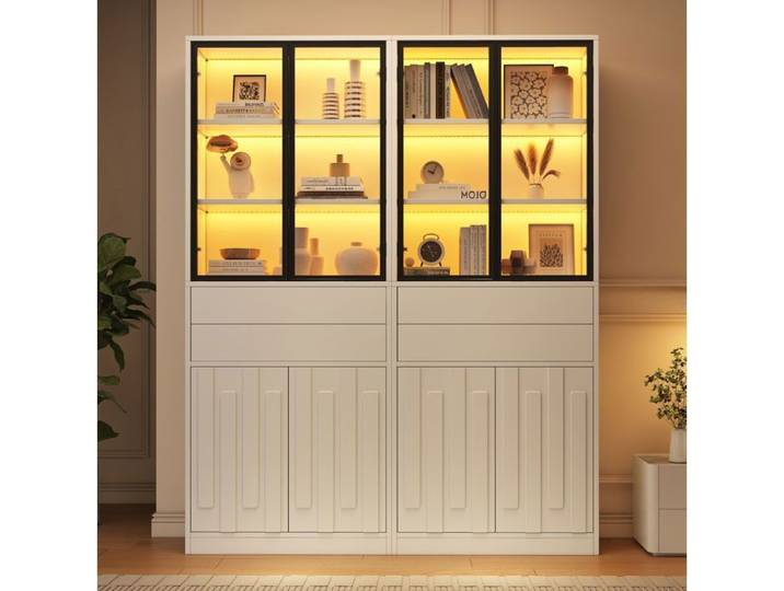 MEUBLIV Vitrine haute blanche 140 x 34 x 180 cm 4 portes en verre trempé 2 tiroirs LED Bluetooth