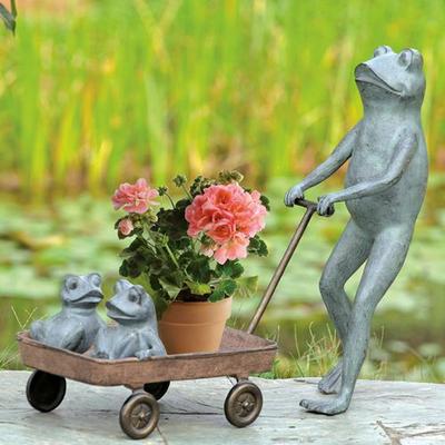San Pacific - Ds Frog Family in Wagon Garden Sculpture Aged Stone , Aged Stone