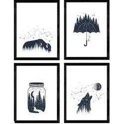 POSTER Set mit 4 Natur im nordischen Stil Wilder Wald in blauweiß A4 Rahmenlos