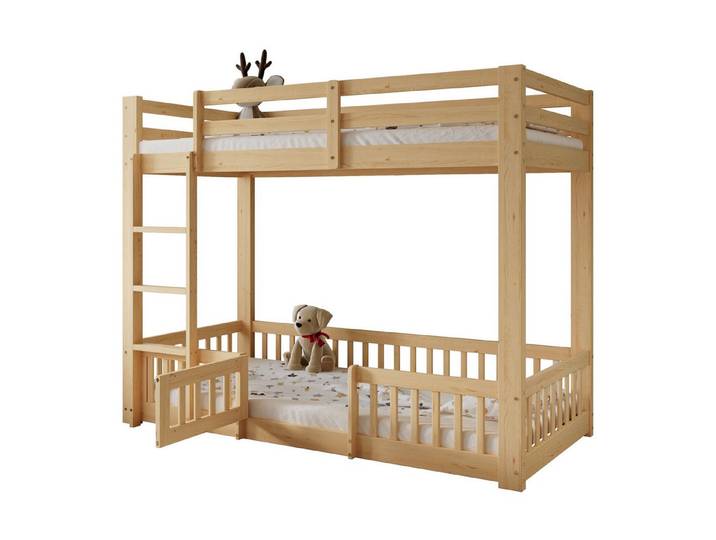 OKWISH Etagenbett Kinderbett (sicherer Schlafplatz mit rechtwinkliger Treppe, Spielraum unter dem Bett, Holzbett aus Kiefernholz mit Tür und Geländer, 90x200cm), ohne Matratze