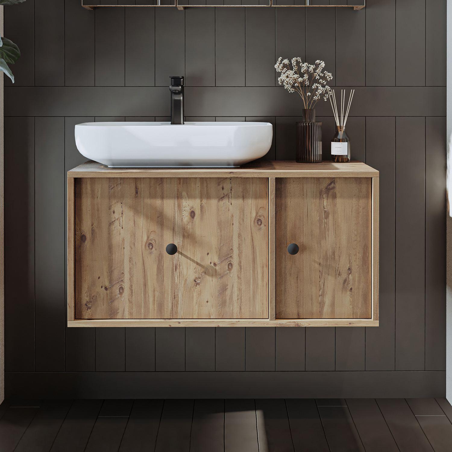 Skye Decor, Hochwertiger Badschrank mit Waschbecken, 90 cm, Atlantik-Kiefer, 100% MDF