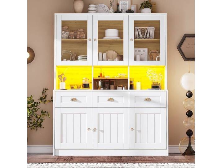 Buffet de Cuisine-Vitrine-Meuble de Rangement-6 Portes et 3 Tiroirs-Minimaliste Moderne-Buffet Haut pour Cuisine-140x40x175cm-Blanc