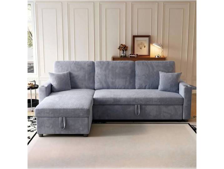 Canapé d'Angle Convertible 3 Places avec Rangement USB et Type-C Porte-Gobelet Méridienne Gauche en Corduroy Gris