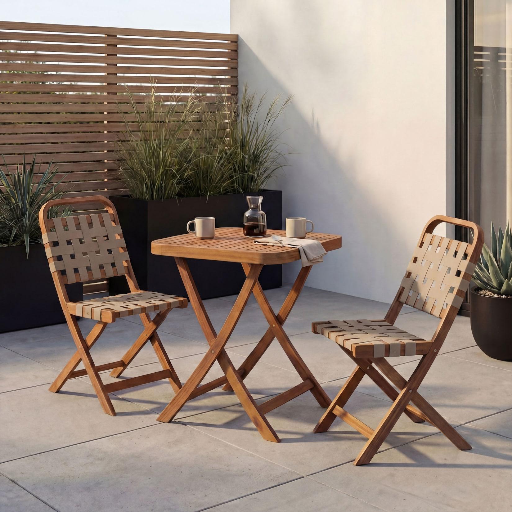 Garten-Set MCW-P70, Sitzgruppe Balkon-Set Garnitur 2x Stuhl Tisch, Seilgeflecht Akazie Holz klappbar ~ natur, creme