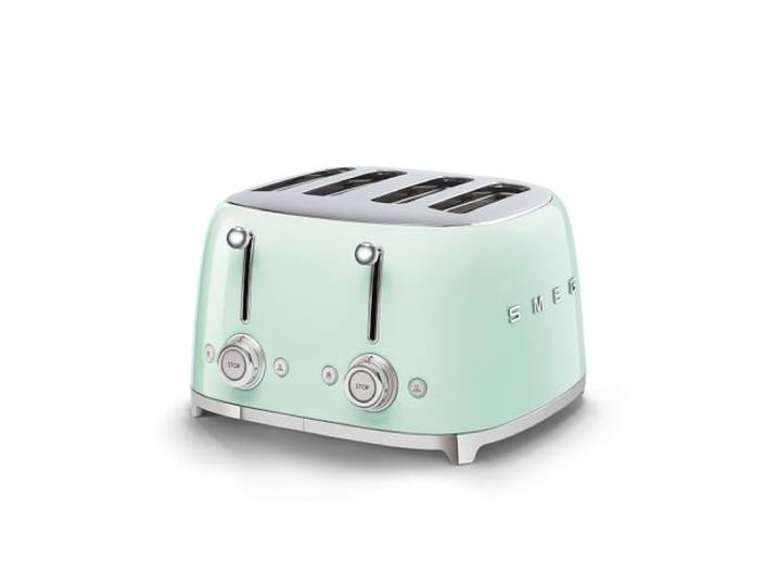 Smeg, 4x4 TSF03PGEU -Toaster, 4 Schlitze für 4 Scheiben, 6 Vergoldungsniveaus, Heizfunktion, Abtau- und Bagel- Funktion, Sammelschublade, 2000W, Pastellgrün