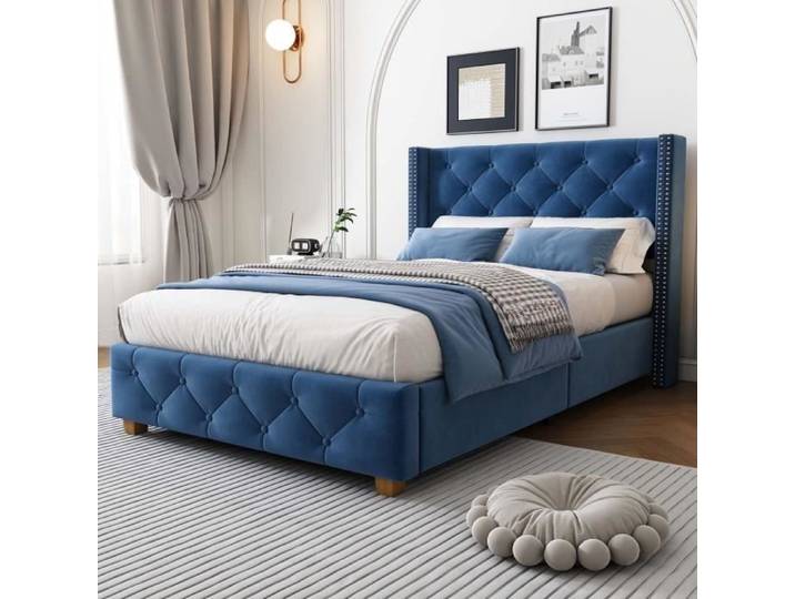 Lit simple 90x200cm - ModernLuxe - Velours bleu - Sommier à lattes - Design contemporain - 1 place