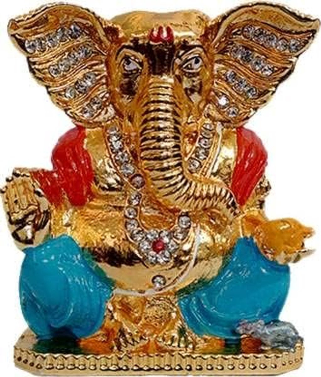 Handgemaakt Messing Ganesh Standbeeld - Lord Ganesha Idool - Goud - B/D/H: 7 x 3 x 7 cm