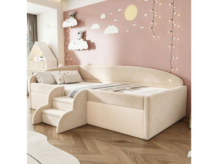 Canapé-lit 90x190 cm lit enfant barrière antichute velours beige