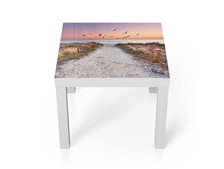 DEQORI Glastisch weiß klein 55x55 cm Motiv Strandaufgang zur Ostsee ausgefallener Beistelltisch aus Glas Hochglanz Couchtisch fürs Wohnzimmer moderner Couch Tisch mit Design