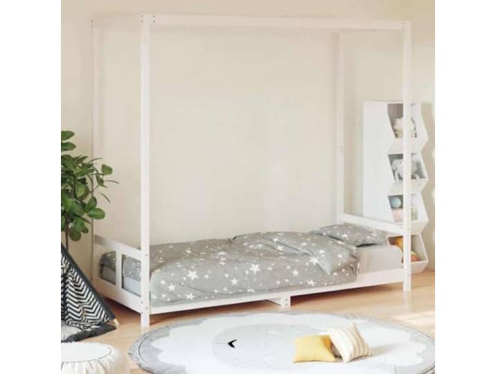 LPERTGFHU Kinderbett Massivholz Kiefer 80x200 cm Einzelbett Weiß Rustikaler Look, Einfacher Ein- und Ausstieg, Baldachin-Design
