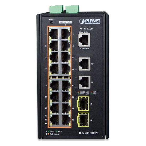 Planet Industrial 16-Port 10/100/1000T PoE Switch 2-Port Gigabit Uplink + 2-Port Gigabit SFP Uplink managed (16 Ports) (IGS-20160HPT)