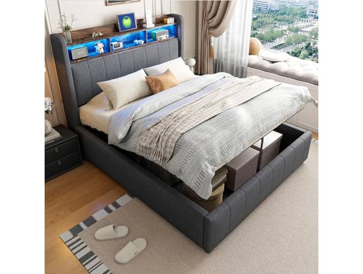 Ball & Cast Polsterbett (140x200cm) mit hydraulischem Stauraum, Doppelbett mit Beleuchtung und USB-Ladefunktion, Einfach & Zeitsparend Montierbar, Grau