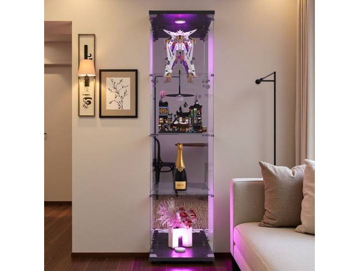 Vitrine en verre - TANANT - Vitrine Armoire LED - Noir - 1 porte 4 étagères - LED intégrée