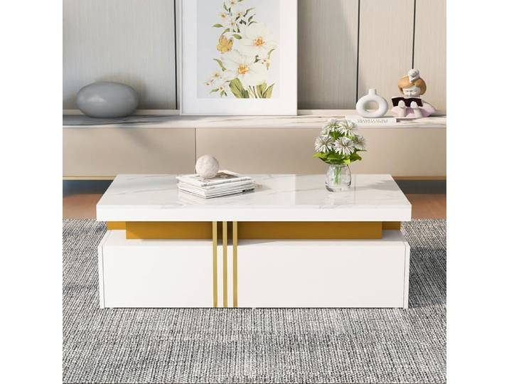 Table Basse Imitation Marble 2 Tiroirs en Bois & Rectangulaire Moderne Table Basse Salon Coffee Table 100 x50x40cm Blanc