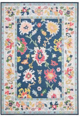 ROW Addison Traditional Bordered Floral Blue/ Multi Printed Washable Flat Pile Rug