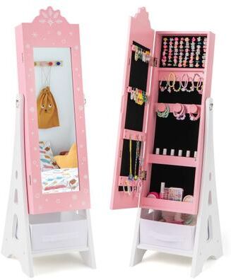 Costway Kids Jewelry Cabinet with Full-Length Mirror and Foldable Drawer-Pink
