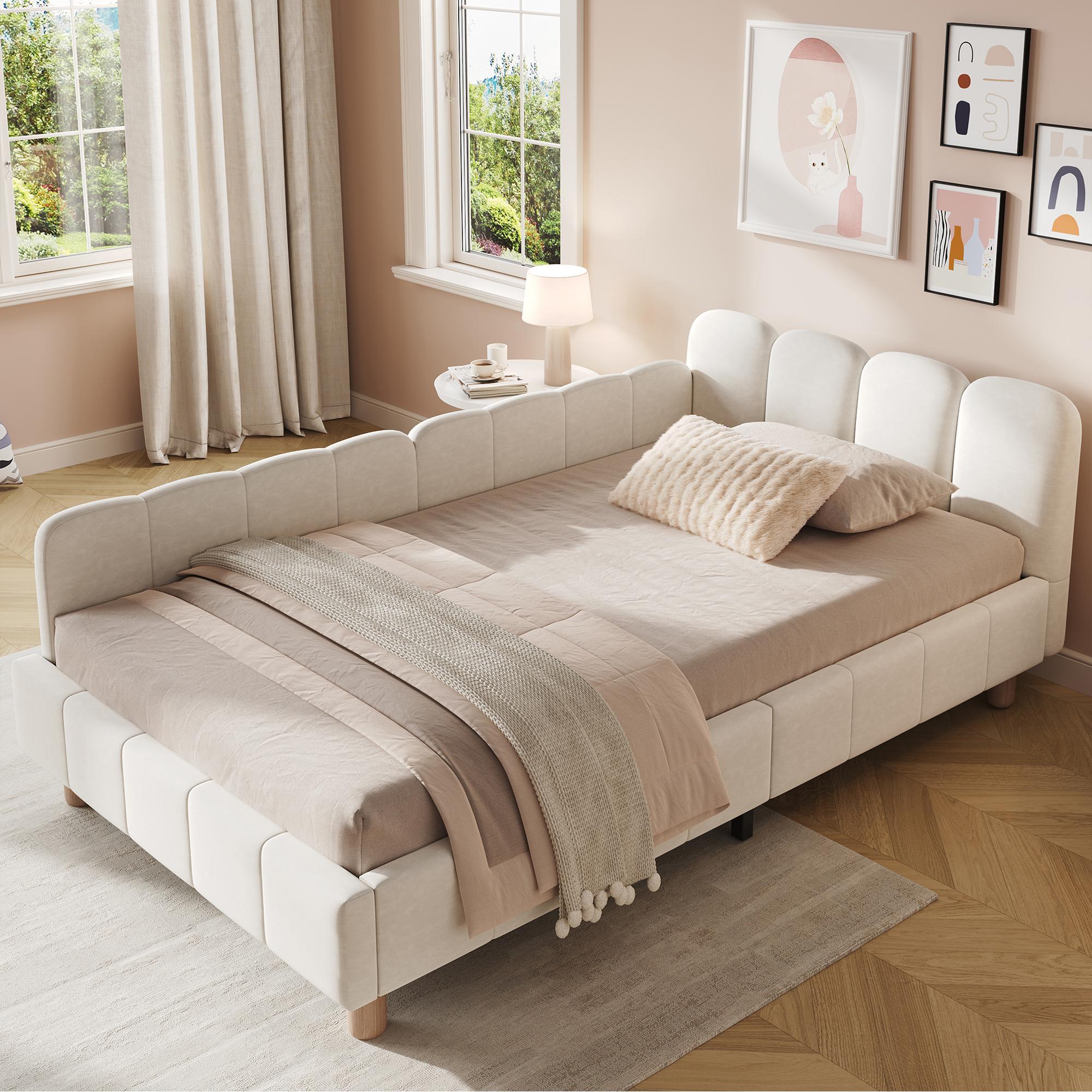 STILVORA Kinderbett 90 x 200cm mit Matratze, Polsterbett mit und gepolstertes, Einzelbettmit Kopfteil und Rausfallschutz, Bettbeine aus Massivholz, Samt, Beige