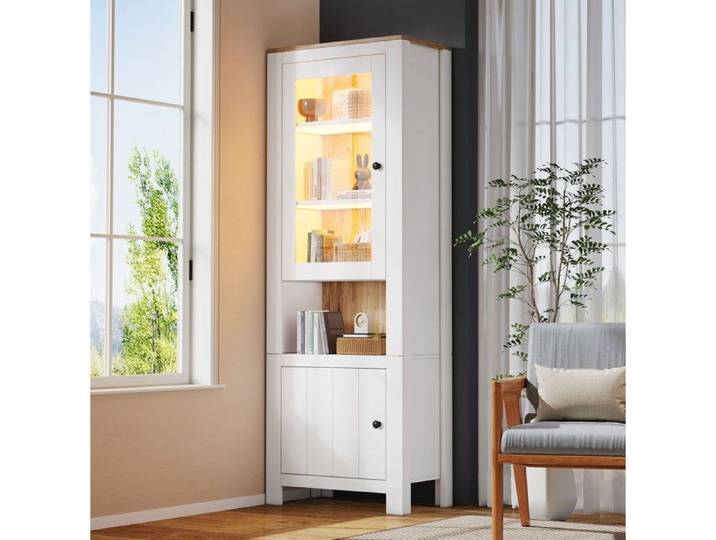 WUVRIE Vitrine haute 70 x 40 x 188 cm 2 portes LED étagères réglables blanc et décor bois naturel