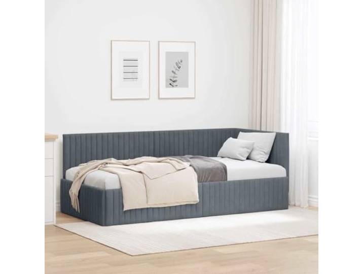 RJPLMFV Eckbettgestell, Dunkelgrau, 90 x 190 cm, Stoff L-Design, platzsparend, Kopfteil umkehrbar, Basis mit Latten, aus Holz