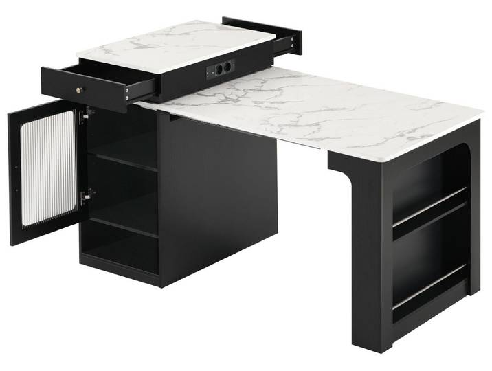SeedWave Kücheninsel Allzweck Küchenschrank mit Ausziebarem Esstisch, Ladefunktion, 2 Schubladen, Ablagefächer mit höhenverstellbare Einlegeböden