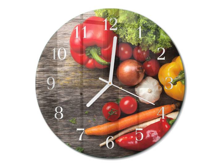 Tulup Wanduhr fi30 cm - Gemüse, Mehrfarbig, Glas, Rund, 30x30x0.4 cm, Dekoration, Uhren, Wanduhren