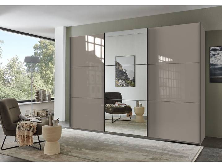 Schwebetürenschrank Indiana - Glasfront 300cm Grau/Beige/Saharagrau mit Spiegeltür/-en