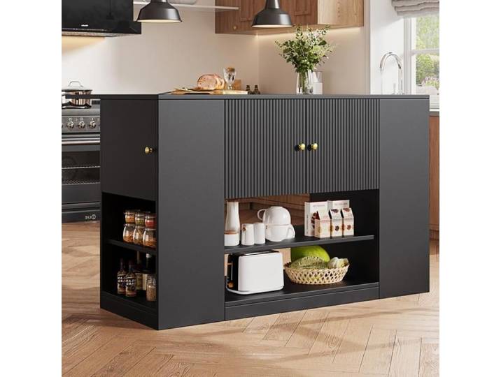 HOMVRA Buffet de Cuisine 140x40-70x90 cm - Plateau Pliant - 2 Tiroirs - Étagères - Noir (Sans Roulettes)